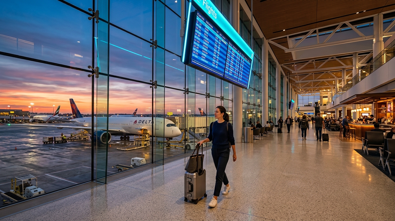 Modern Airport Terminal, Aircraft and Tarmac Runway